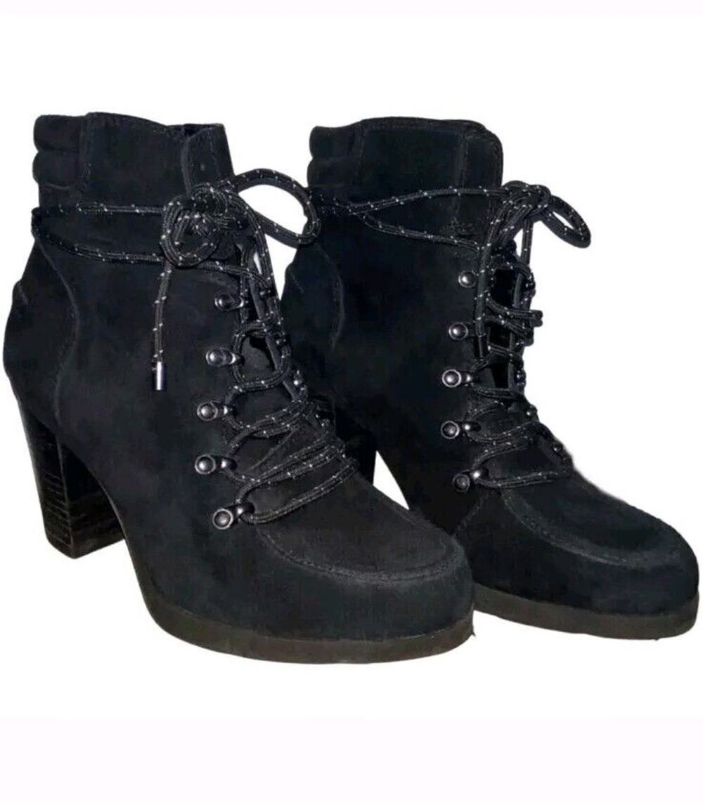 Gianni Bini Ankle Boots Booties Black Suede Leather Padded Cuff Lace Up 8 M